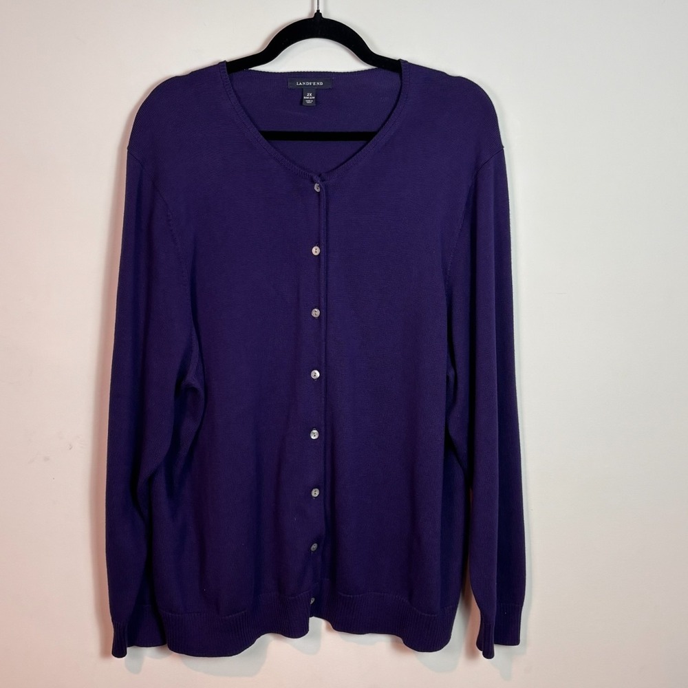 Lands End Womens Purple 100% Cotton Button Front Cardigan sz 2X (20W-22W) clasic